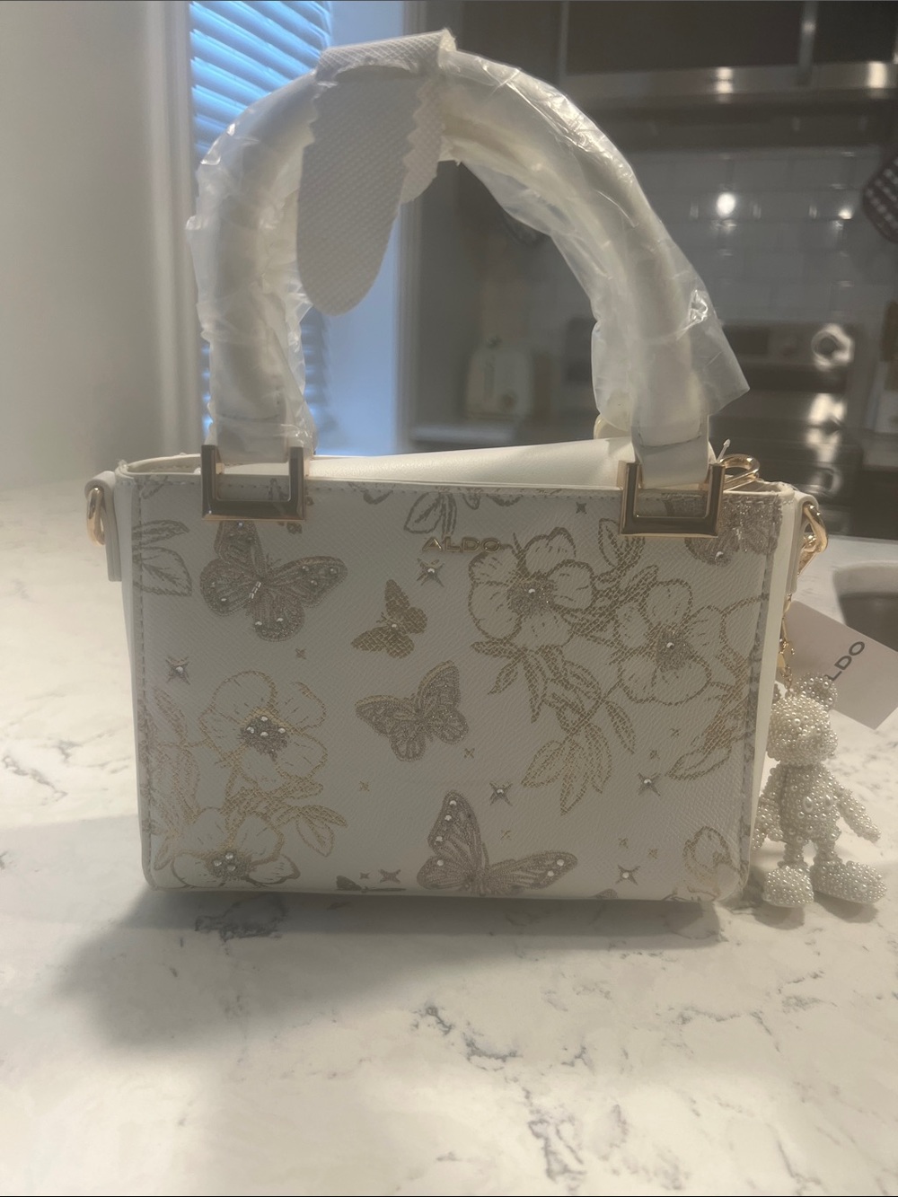 Aldo White Floral & Butterfly Embellished Top-Handle Satchel with Gold Hardware